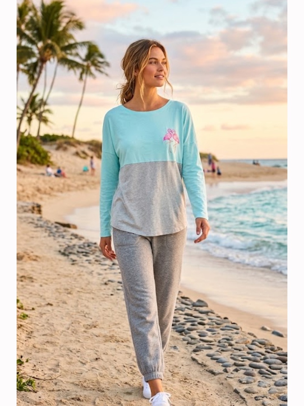 Lily Pulitzer Two-Tone pink  & Gray Long-Sleeve Top with Flamingo Embroidery lrg